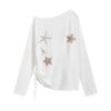 White Starfish-Print Long-Sleeve One-Shoulder Top