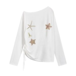 White Starfish-Print Long-Sleeve One-Shoulder Top