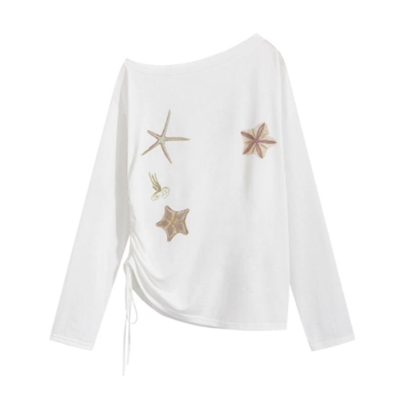White Starfish-Print Long-Sleeve One-Shoulder Top