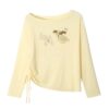 Apricot Long-Sleeve One-Shoulder Top With Animal Print