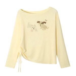 Apricot Long-Sleeve One-Shoulder Top With Animal Print