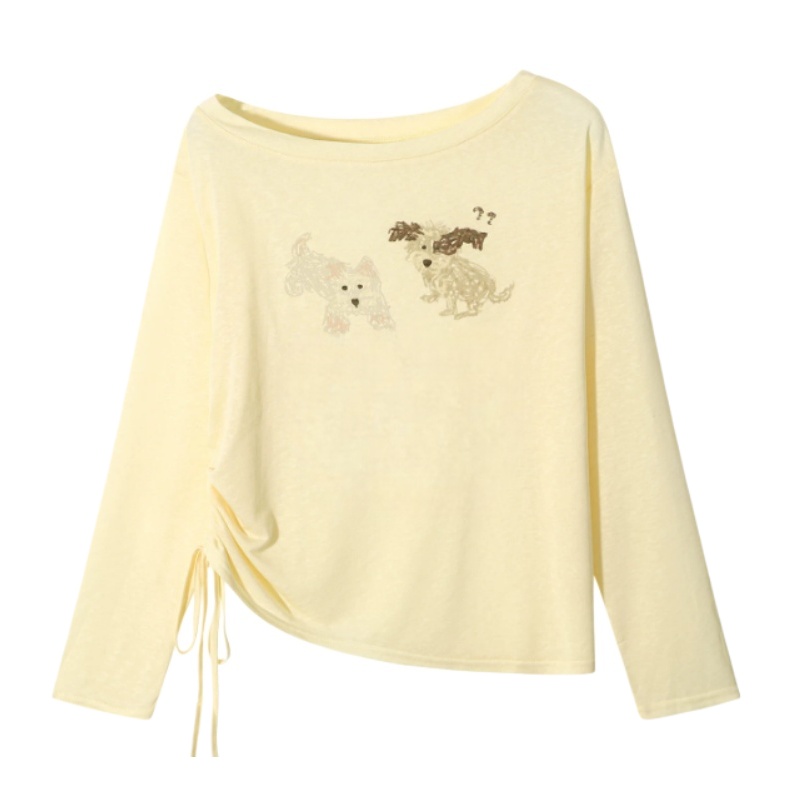Apricot Long-Sleeve One-Shoulder Top With Animal Print